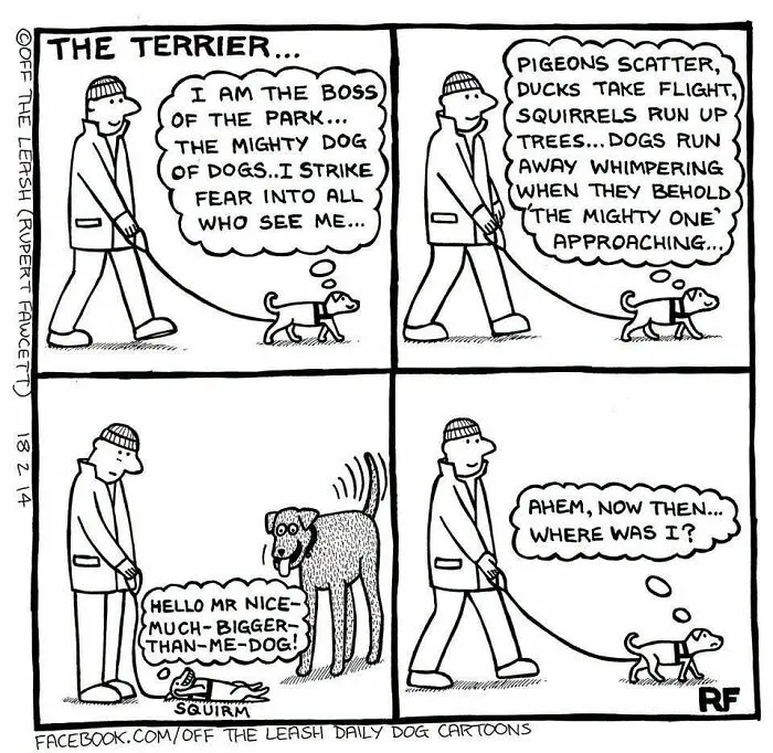 Funny Off The Leash dog cartoon showing a small terrier acting tough on a walk until a larger dog appears