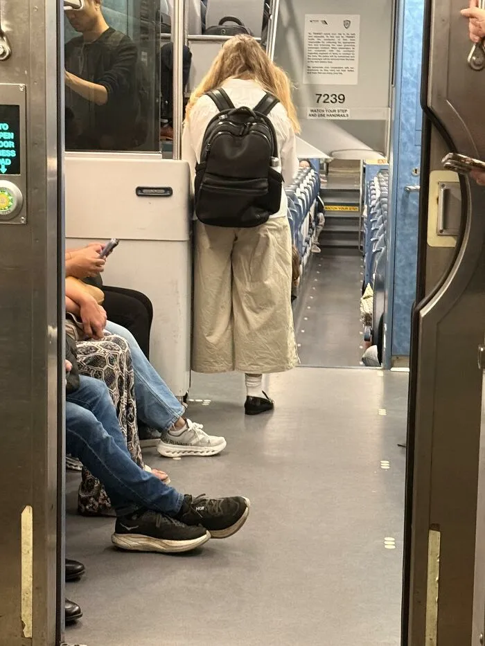 A commuter on a train wearing wide pants creating a perfectly confusing optical illusion.