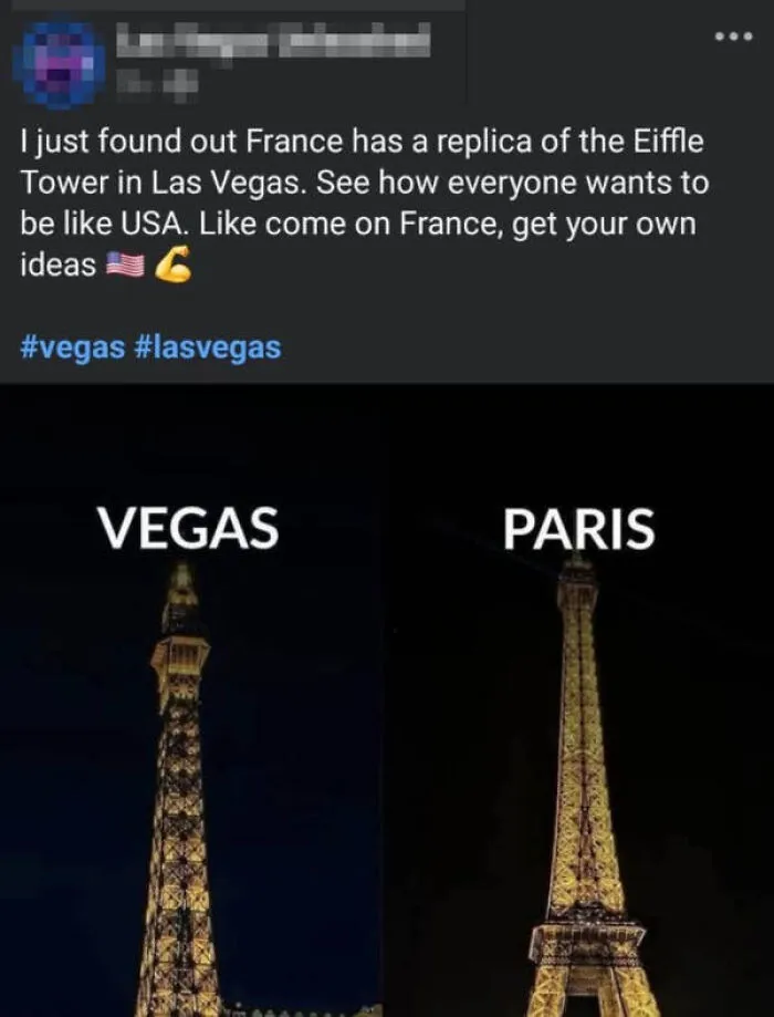 Social media post claiming Paris copied Vegas Eiffel Tower, showing bad logic in Freedom Of Speech examples.