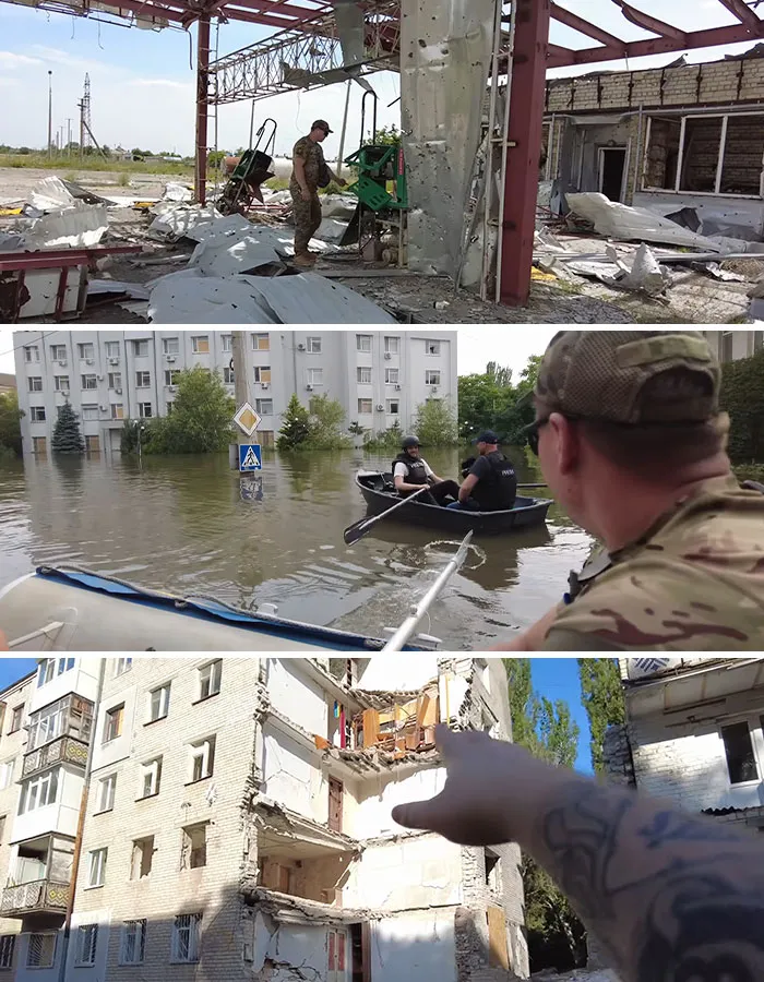 War-damaged buildings and floodwaters depicting dark tourism sites