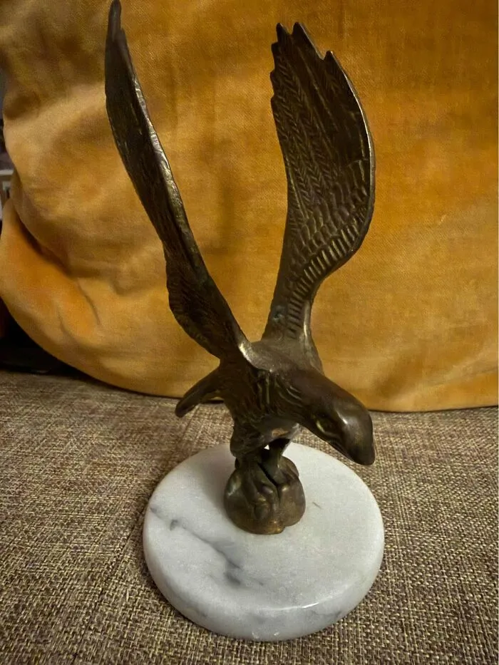 Bronze eagle statue on white marble base thrift store collectible