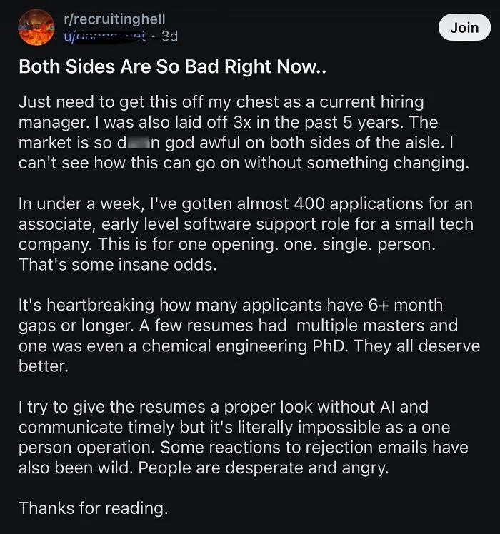 Reddit post about the tough hiring market and high job application volumes