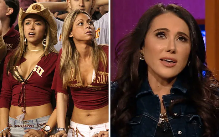 Two women wearing college football game attire at the stands becoming instant stars