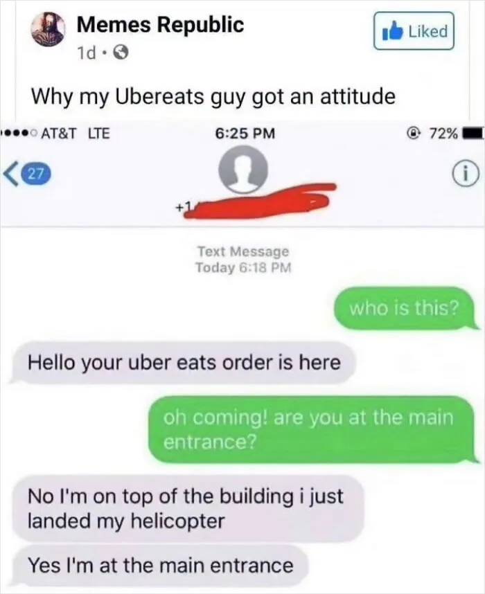 Sarcastic text message exchange with a food delivery driver in a hilarious real life meme.