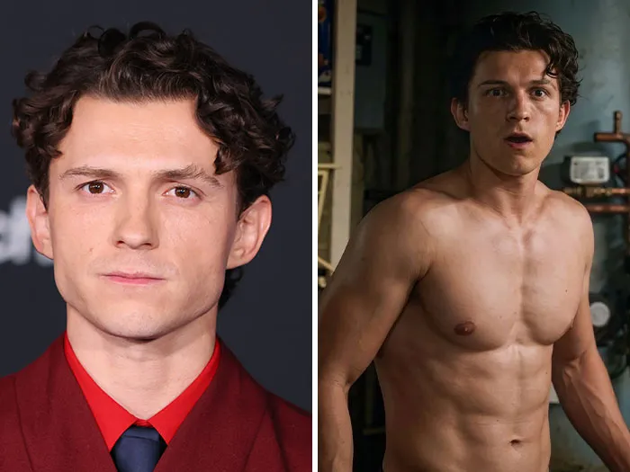 Tom Holland suit portrait and shirtless film still, nominated by fans as a Hollywood Hunk.