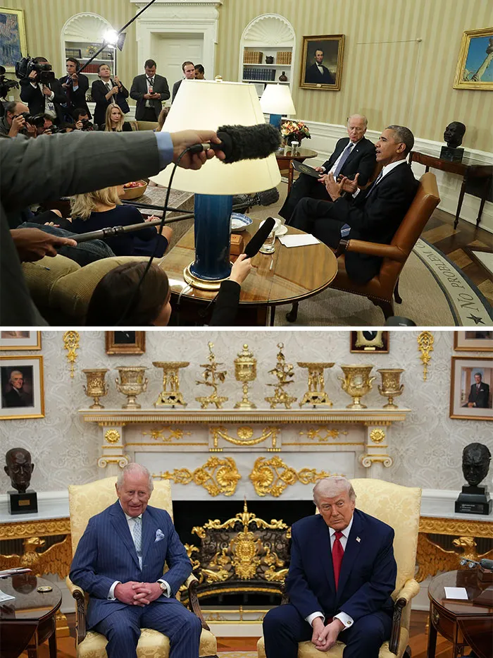 Side-by-side photos of Obama speaking with Joe Biden and Trump sitting with King Charles in their respective Oval Offices