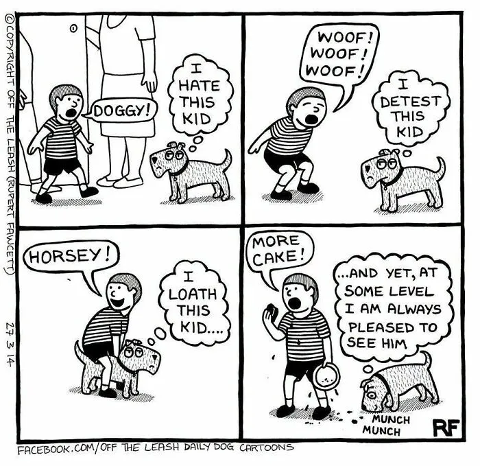 Funny Off The Leash dog cartoon by Rupert Fawcett showing a dog eating cake dropped on the floor by a child.