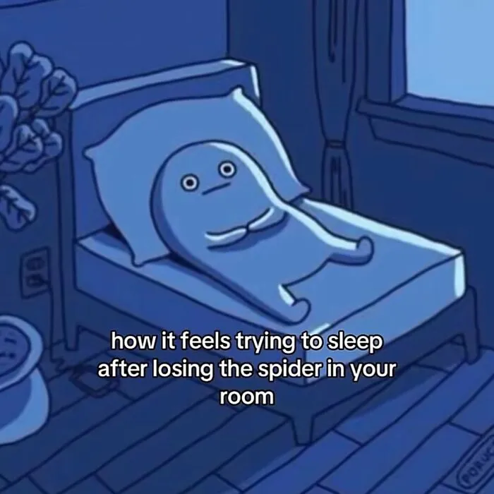 Cartoon character lying awake in bed meme representing spot-on accurate relatable memes.
