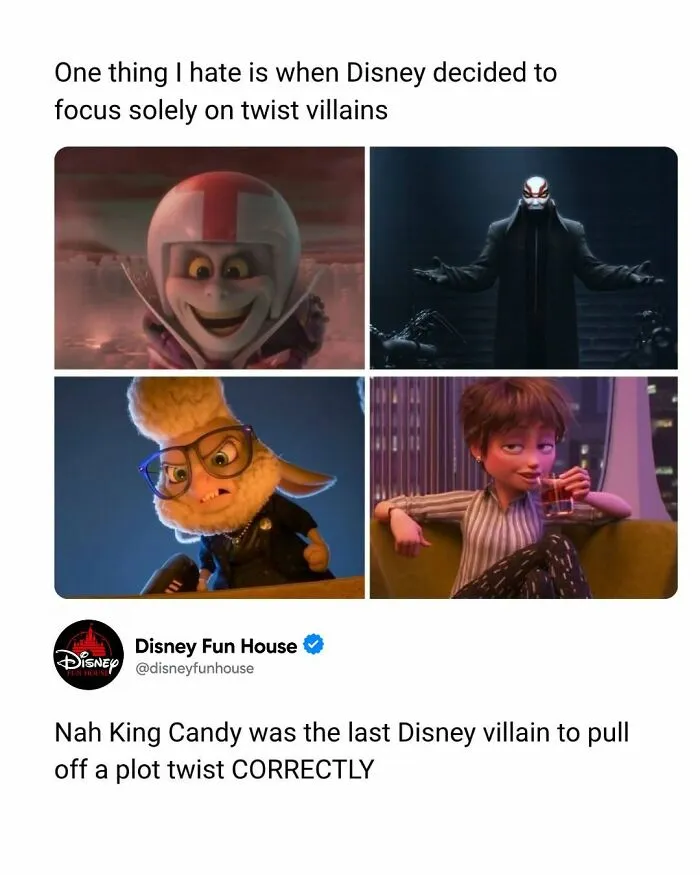 Disney animated villains with plot twists, popular pop culture characters and memes