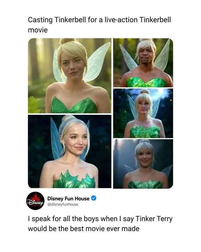 Casting for live-action Tinkerbell movie with diverse actors in green costumes and fairy wings