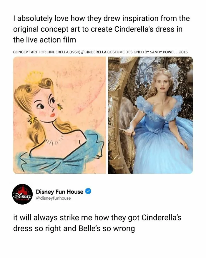 Pop culture meme comparing Cinderella's original concept art and live action dress