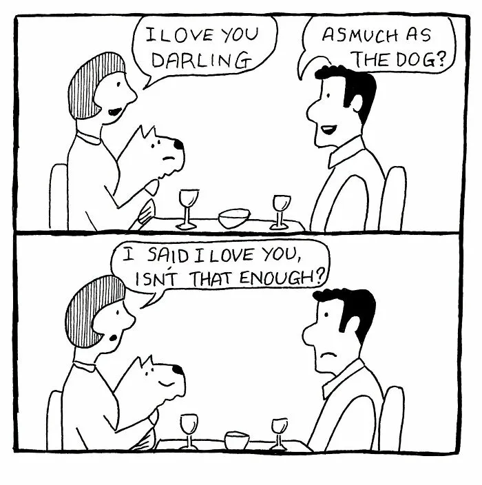 Funny dog cartoons comic where a woman tells her partner she loves him, but loves the dog more.