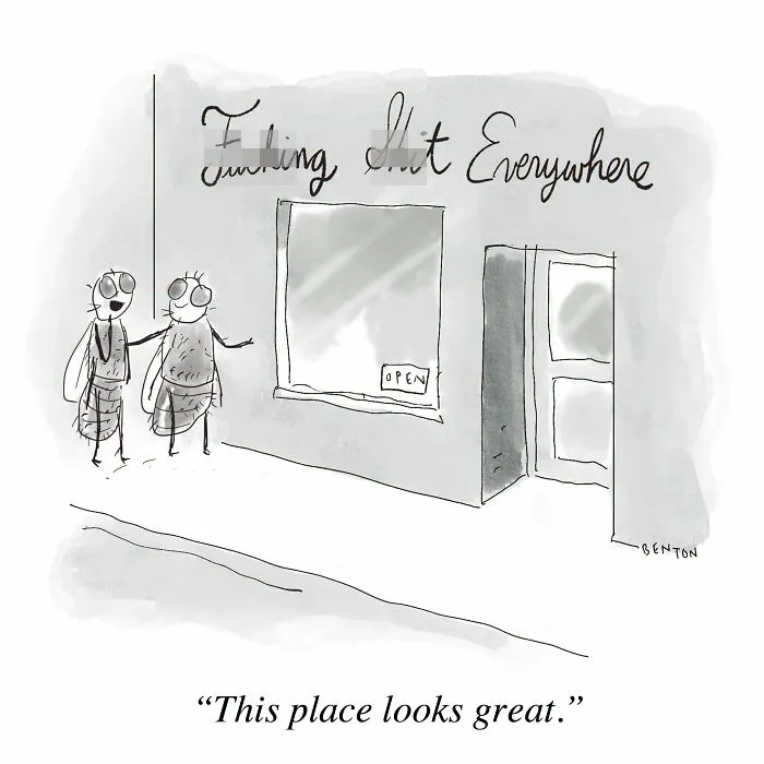 A satire new comic by a cartoonist showing two flies standing outside an open shop storefront.