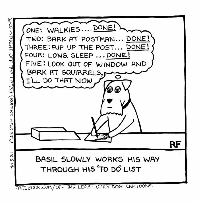 Off The Leash dog cartoon showing a dog named Basil writing out his daily to-do list.