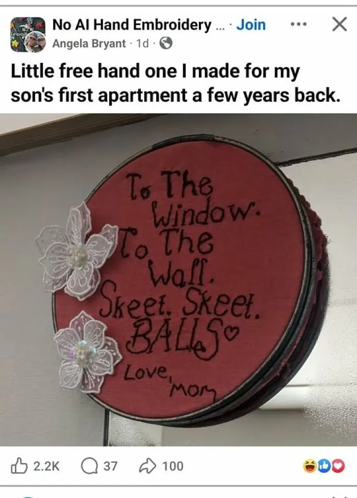 An embroidered red fabric hoop with funny lyrics, representing unusual craft ideas.