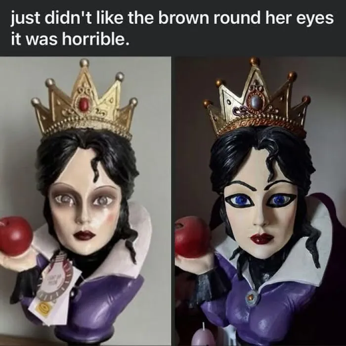 Side-by-side comparison of a repainted Evil Queen figurine, showing hilarious crafts and art projects