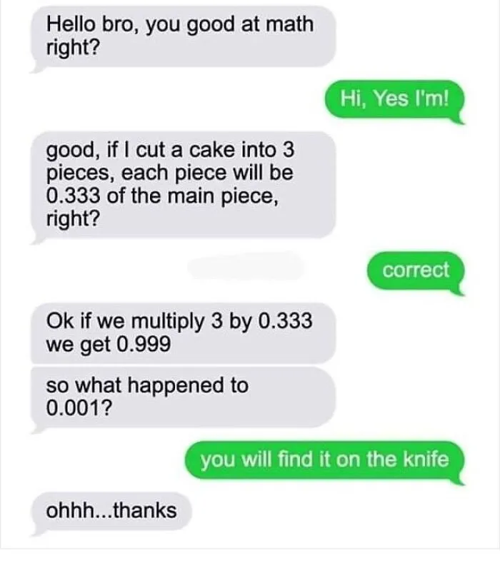 A funny text conversation about math logic, showcasing wholesome memes.