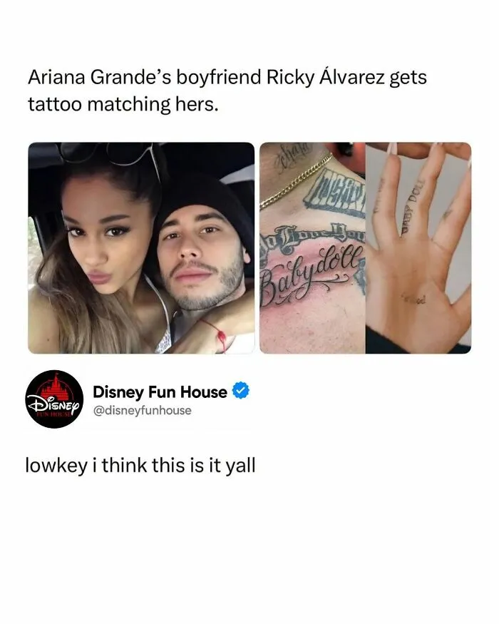 Ariana Grande and boyfriend Ricky Alvarez showing matching Babydoll tattoos