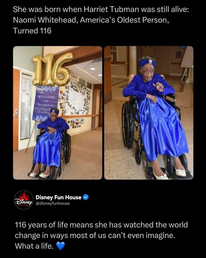 Naomi Whitehead, Americas oldest person, celebrates 116th birthday in wheelchair with blue dress