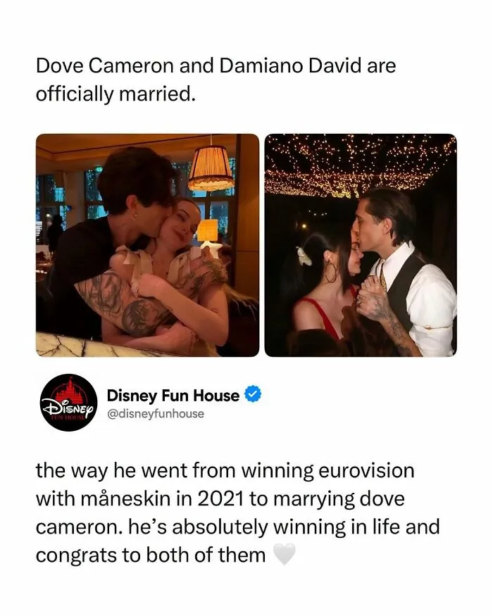 Dove Cameron and Damiano David marriage celebration pop culture news