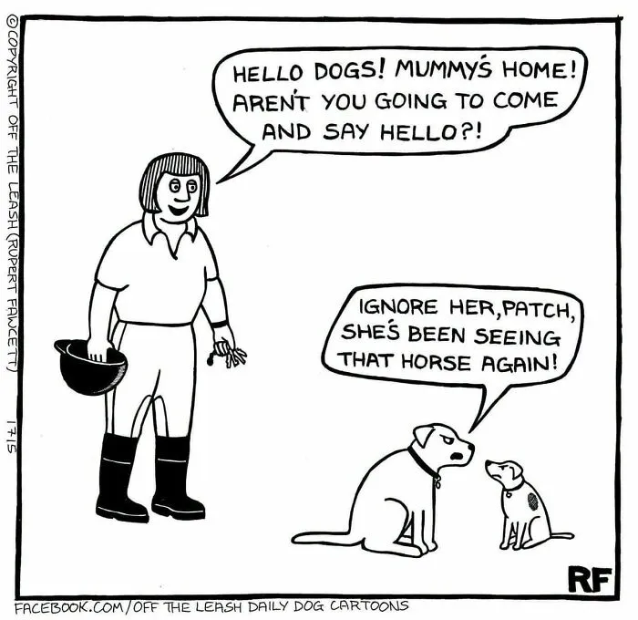 Off the Leash dog cartoons depicting jealous pets ignoring their owner after she visits a horse.