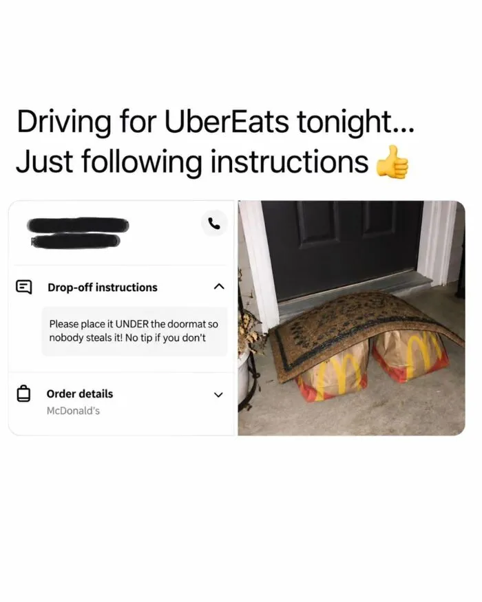 A meme showing McDonald bags placed under a doormat as delivery instructions requested