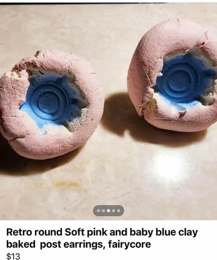 Oddly shaped pink and blue clay earrings are hilarious crafts and art projects gone wrong.