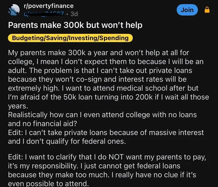 Reddit post about parents making 300k but not helping with college finances