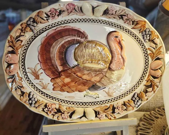 Ceramic turkey platter with colorful autumn design and floral border thrift store find