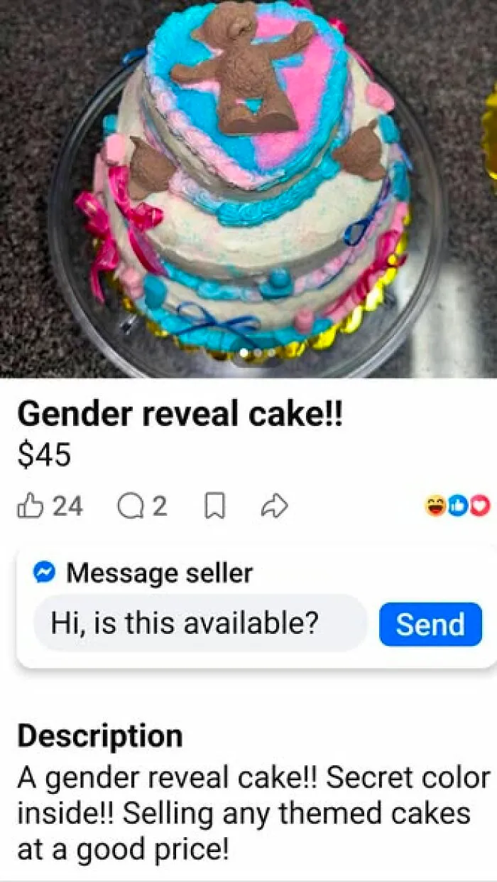 A messy three-tiered gender reveal cake listed on social media, worthy of hilarious crafts shame.