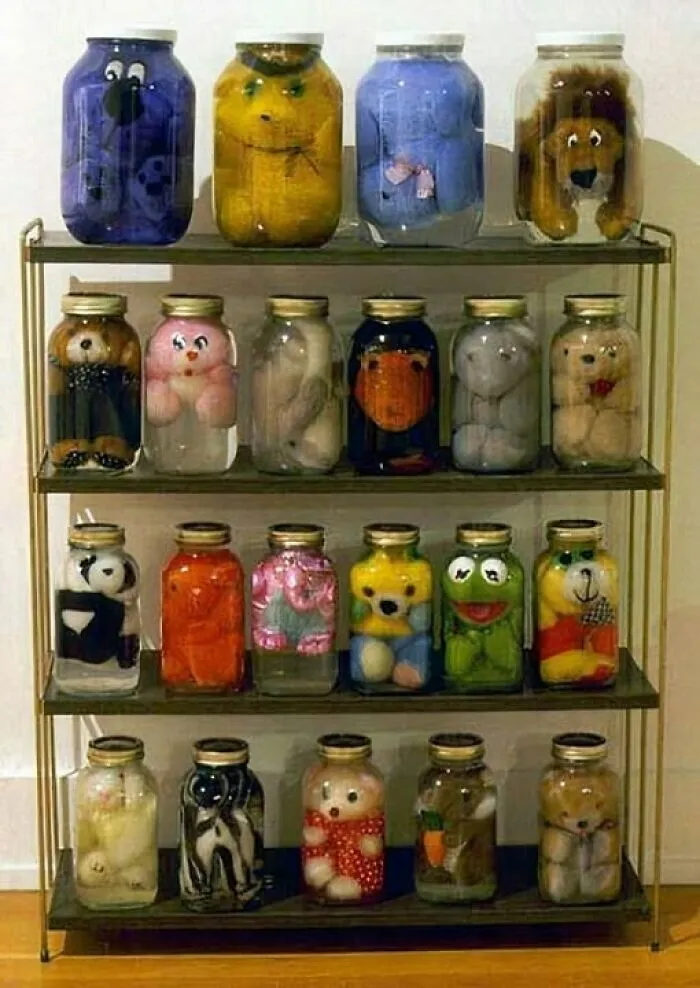 Hilarious crafts showing stuffed animals sealed in jars, an odd art project on shelves