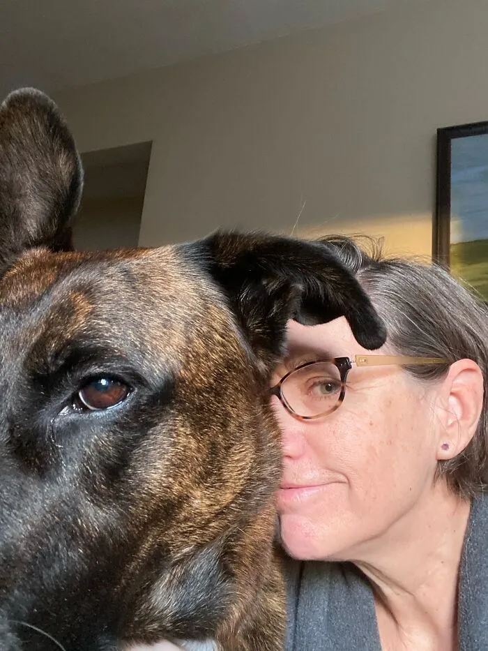 A woman and her brindle dog posing closely together, demonstrating how pets looked like their owners