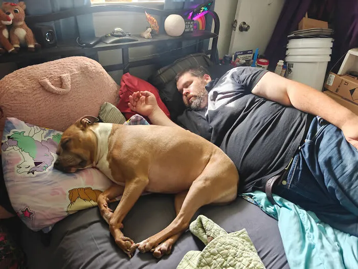 A man and his brown dog sleeping in the same pose, demonstrating how pets looked like their owners