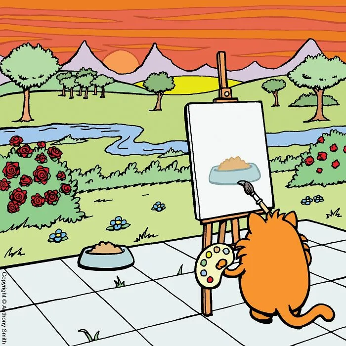 Funny cat comics drawing of an orange cat painting a picture of its food bowl outdoor.