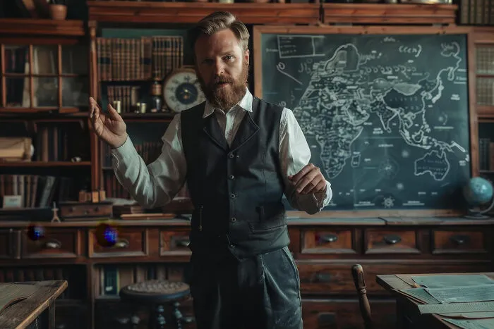 A vintage male geography teacher with a beard standing in front of a blackboard, representing infuriating teachers