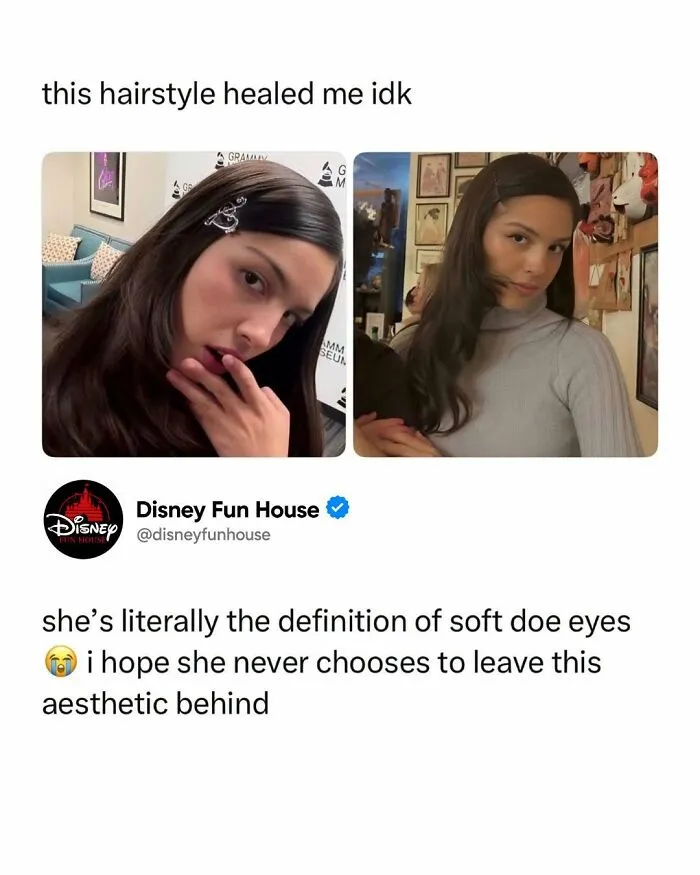Young woman with soft doe eyes hairstyle posing in two different scenes