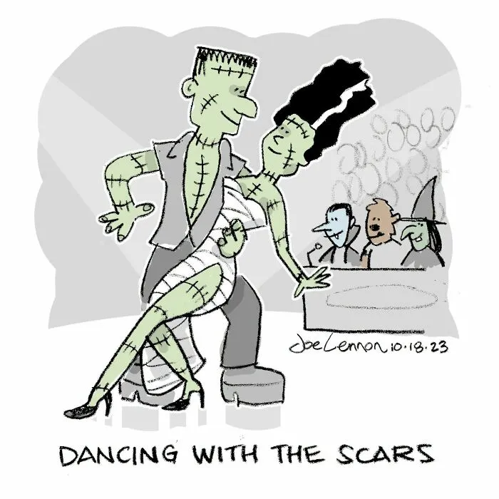 Frankenstein and bride dancing humorously in Halloween comics by Joe Lennon