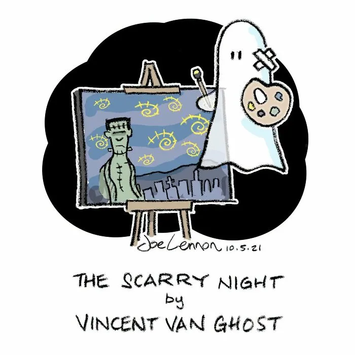 Halloween comic of ghost painting spooky Van Gogh style artwork