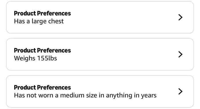 Amazon shopper product preferences large chest and weight details