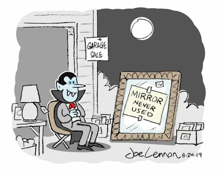 Halloween comic of vampire selling never used mirror at garage sale