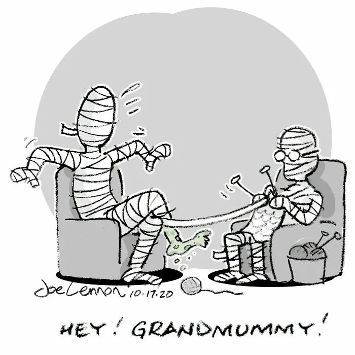 Halloween comic of mummy knitting while another mummy reacts