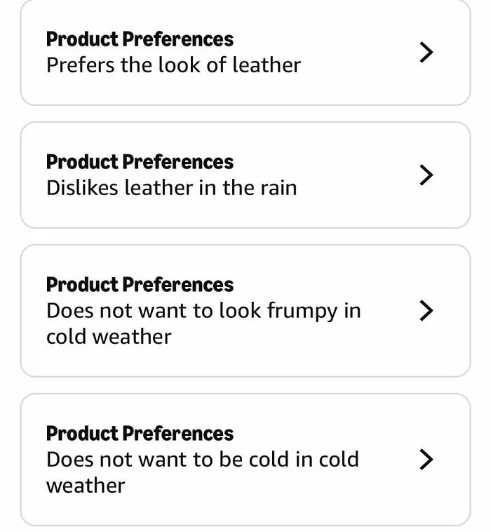 Amazon shopper product preferences prefer leather but dislike leather in rain