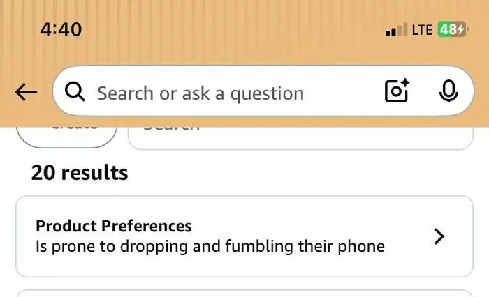 Amazon shopper product preferences prone to dropping and fumbling phone