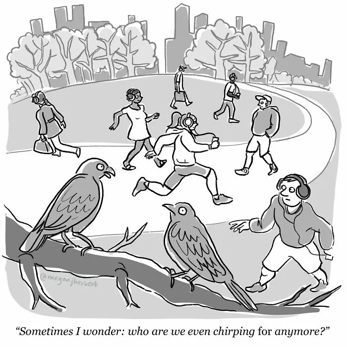 Cartoonist comic showing birds wondering who they are chirping for in a modern city park scene
