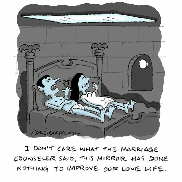 Halloween comic of vampires in bed complaining mirror did not improve their love life