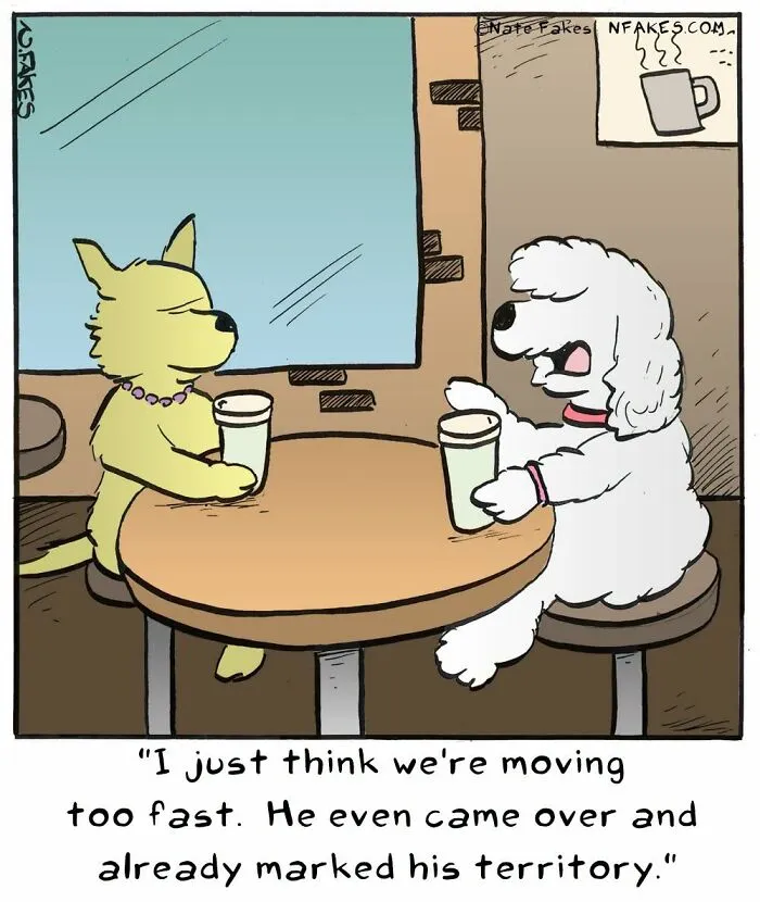 Comics of two dogs discussing moving too fast in a dog relationship