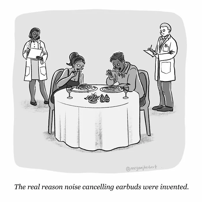 Cartoon showing diners using noise cancelling earbuds at restaurant with doctors watching