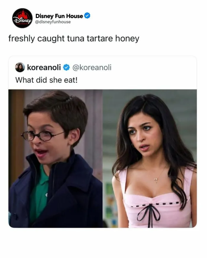 Side by side images of two TV characters discussing freshly caught tuna tartare