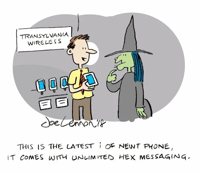 Halloween comic showing witch buying a new phone with unlimited hex messaging