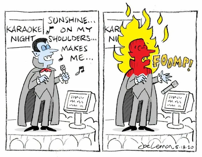 Halloween comic of vampire singing karaoke with flaming head